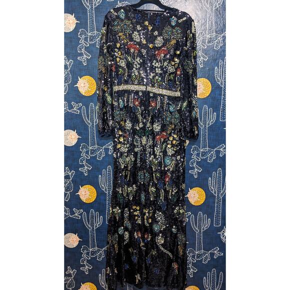 NWT Mac Duggal Embellished Wrap Over Bishop Sleeve Gown Midnight Multi Size 10 - Picture 9 of 11